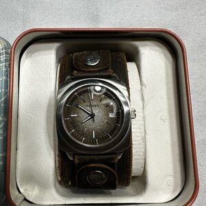 Fossil Men's Silver and Brown Leather Watch